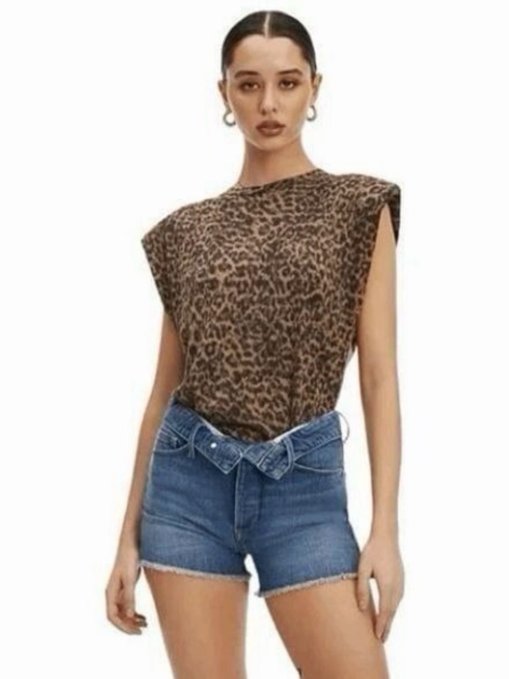 Good American Leopard Muscle Tee in Brown and Tan